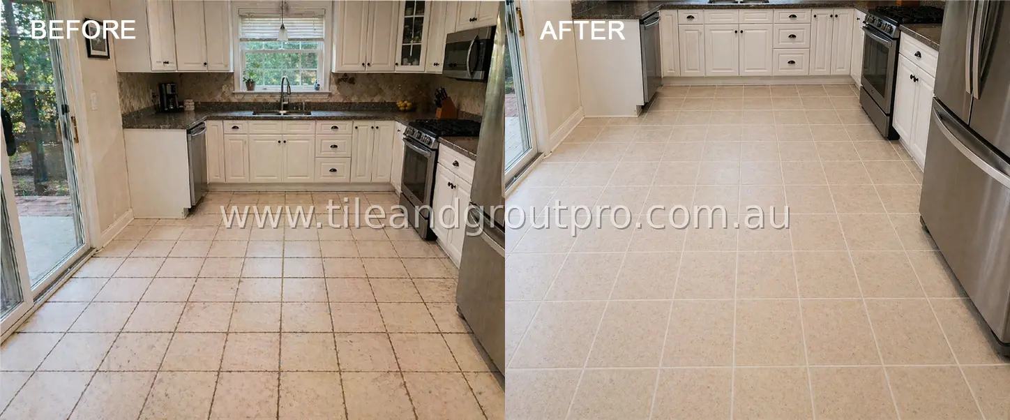 Kitchen tile floor before and after regrouting showing clean and evenly restored grout lines