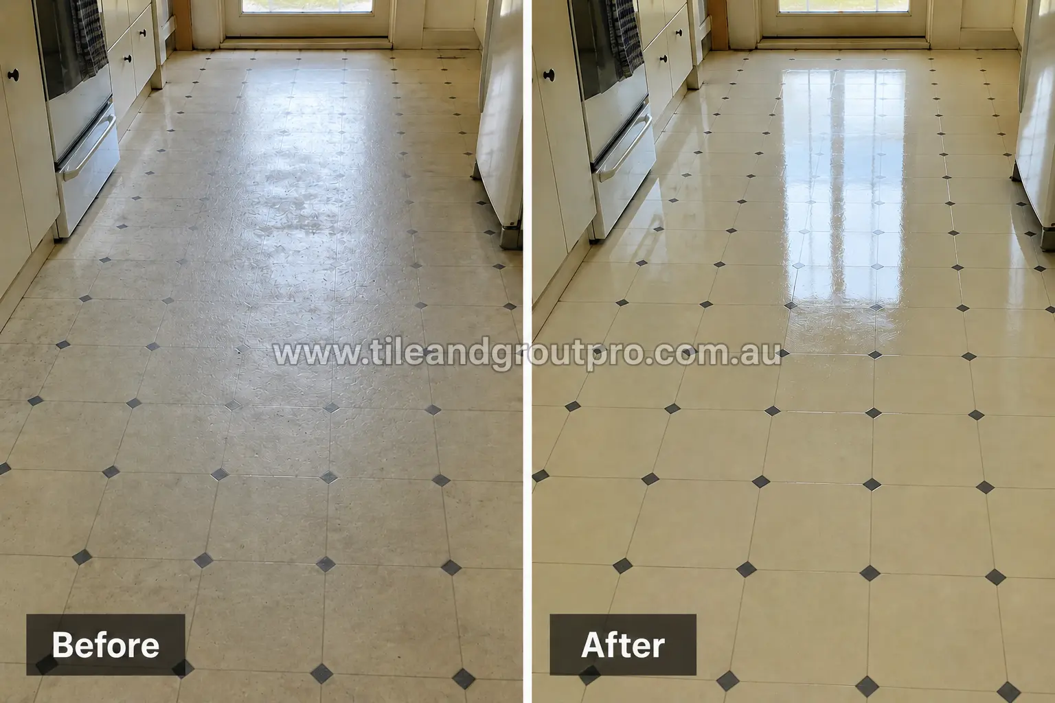 Before and after view of white checker-pattern linoleum flooring in a kitchen with cloudy buildup, grime, and worn finish before linoleum floors cleaning.