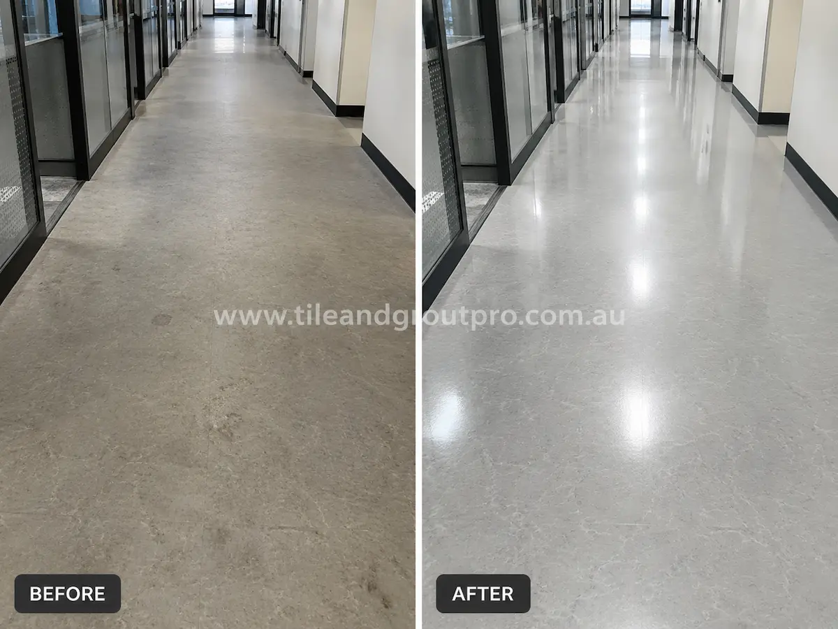 Before and after view of beige linoleum flooring in a residential hallway with scratches, dirt buildup, and faded shine before linoleum floors cleaning.