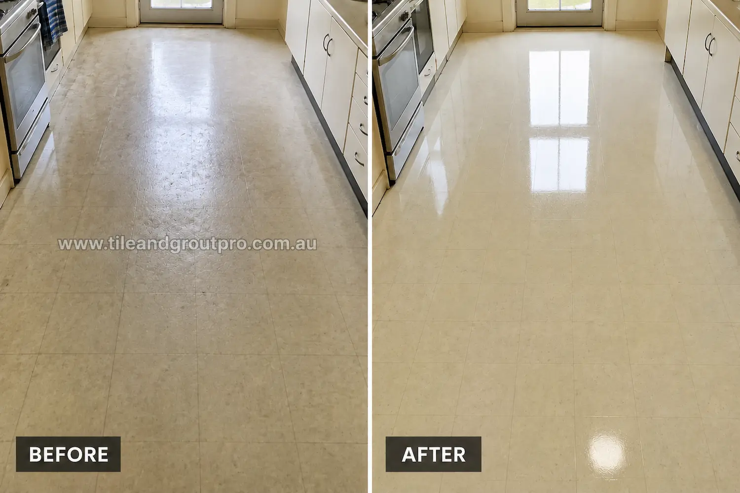 Before and after view of marble-pattern linoleum flooring in a residential kitchen with embedded dirt, faded shine, and worn traffic areas before linoleum floors cleaning.