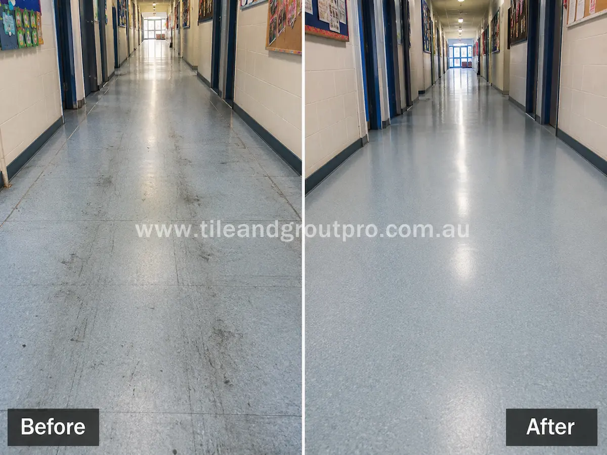 Before and after view of blue linoleum tile flooring in a school hallway with black scuff marks, worn traffic paths, and faded finish before linoleum floors cleaning.