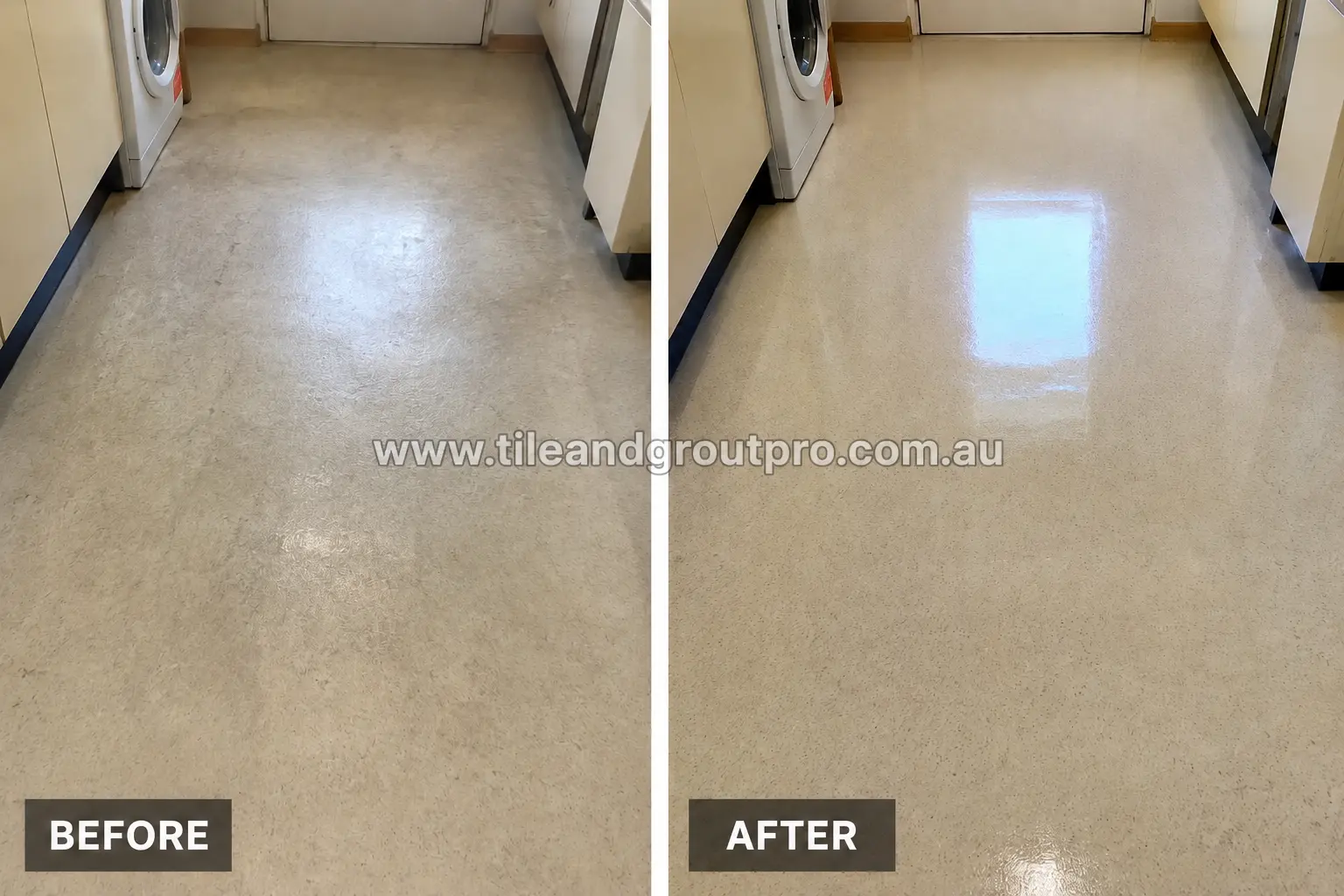 Before and after view of speckled linoleum flooring in a utility room with surface discoloration, dirt accumulation, and low shine before linoleum floors cleaning.