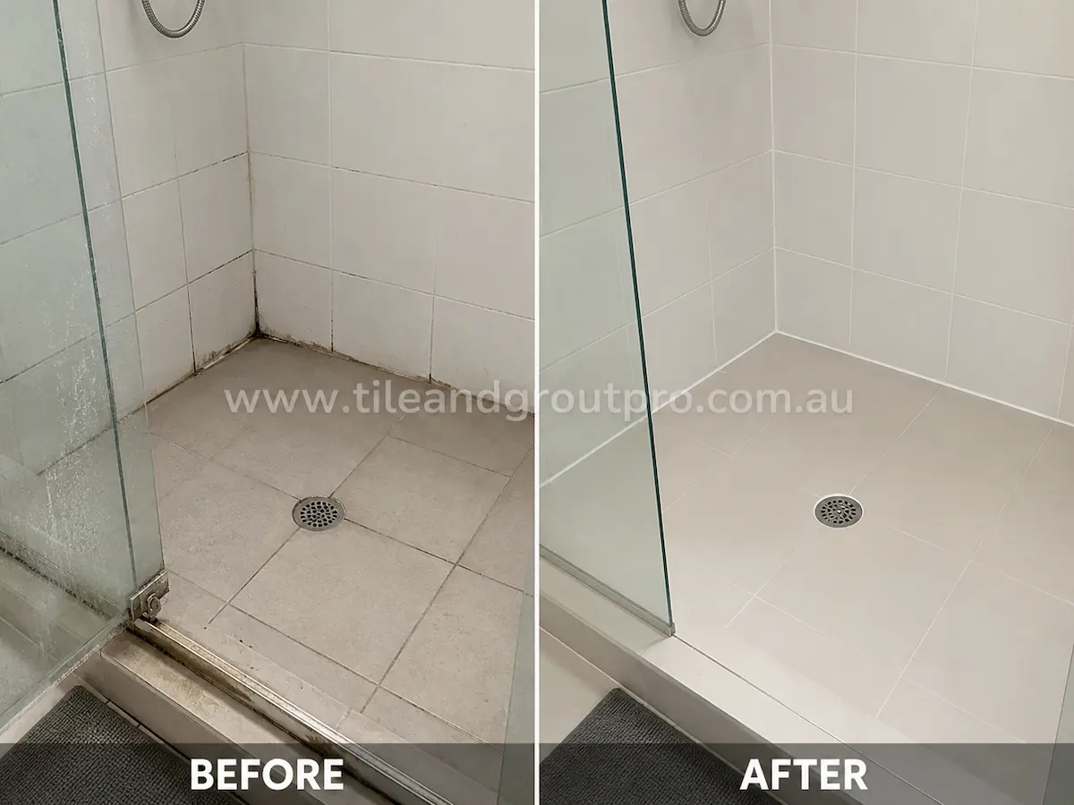 Before and after view of bathroom shower porcelain tiles with soap scum, mould, and dirty grout restored through professional tile maintenance cleaning.