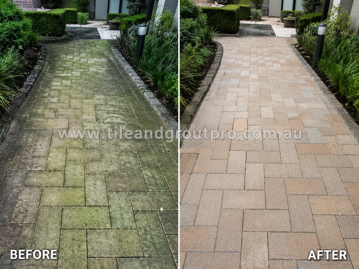 Before and after view of outdoor walkway pavers with algae staining, dirt buildup, and weathering professionally restored through maintenance cleaning.