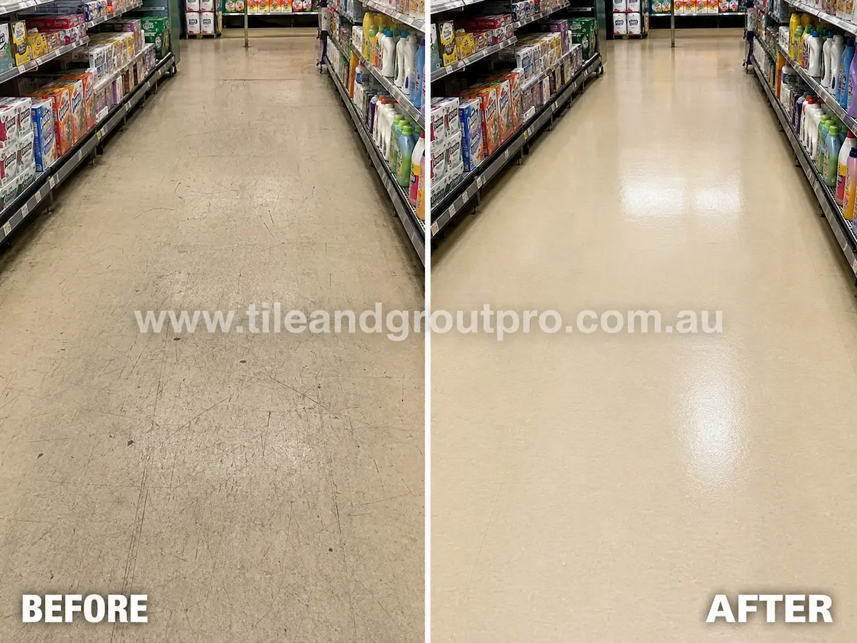 Before and after view of supermarket vinyl flooring with scratches, scuff marks, and heavy traffic wear restored through professional maintenance cleaning.