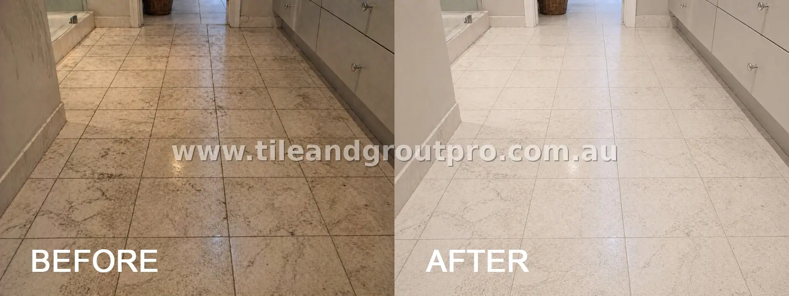Marble bathroom floor tiles with embedded dirt and darkened grout lines before tile and grout cleaning service
