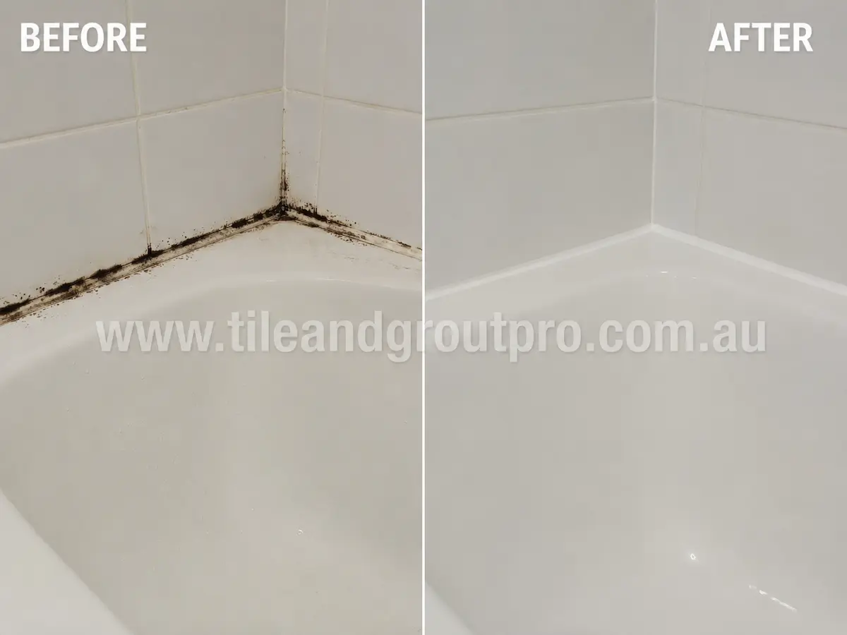 Before and after view of light ceramic bathroom floor tiles with dirty grout lines and mould buildup cleaned through mould and algae treatment.