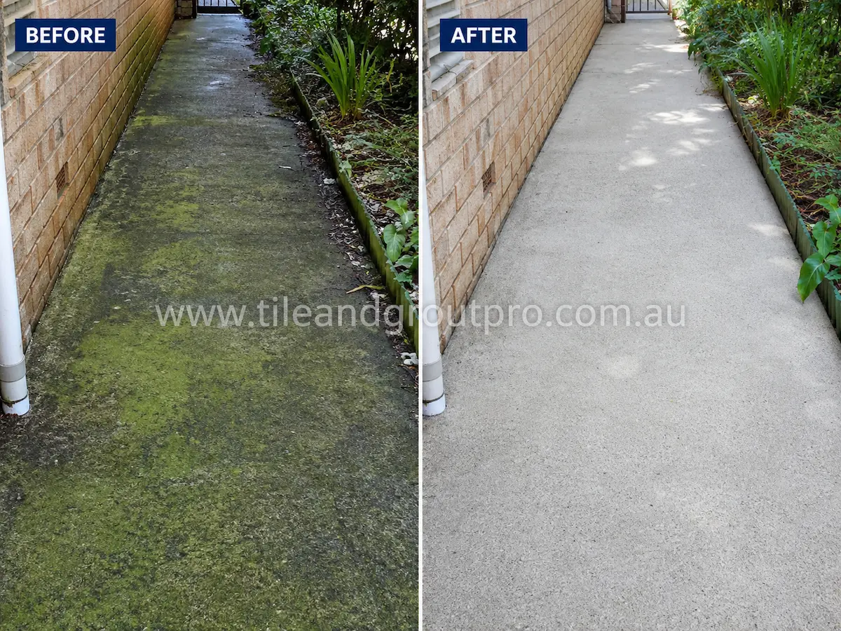 Before and after view of an outdoor concrete side walkway beside a brick house with heavy green algae and mould buildup removed through professional mould and algae treatment.