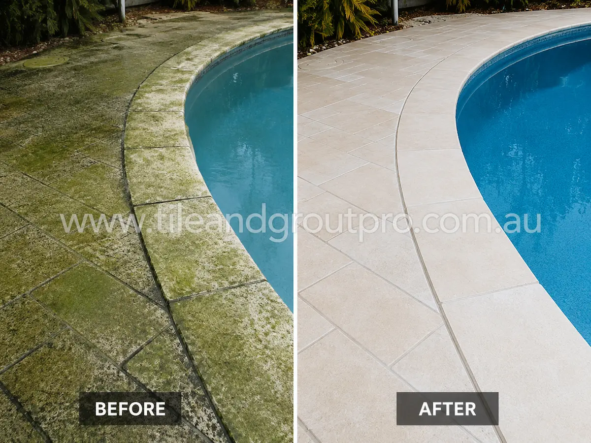 Before and after view of outdoor poolside paving tiles covered in green algae and organic staining cleaned with mould and algae treatment around a swimming pool.