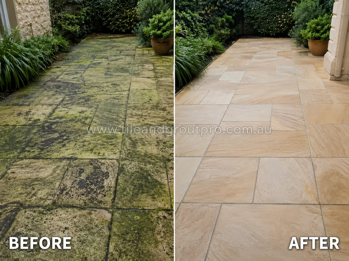 Before and after view of sandstone patio tiles in a garden courtyard with black mould and algae staining professionally cleaned and restored.