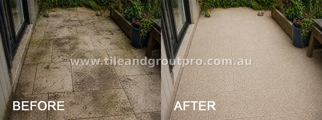 Natural stone outdoor walkway tiles with embedded dirt, dark patches, and grime along edges before tile and grout cleaning