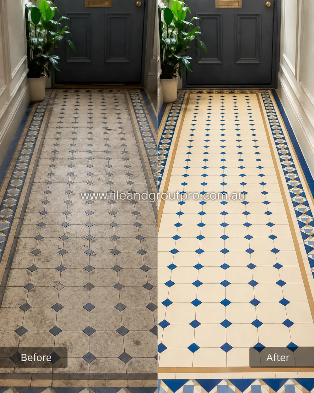 Before and after view of geometric pressed floor tiles in a Federation-style entryway showing embedded grime, dull finishes, and discolored grout professionally cleaned and revived.