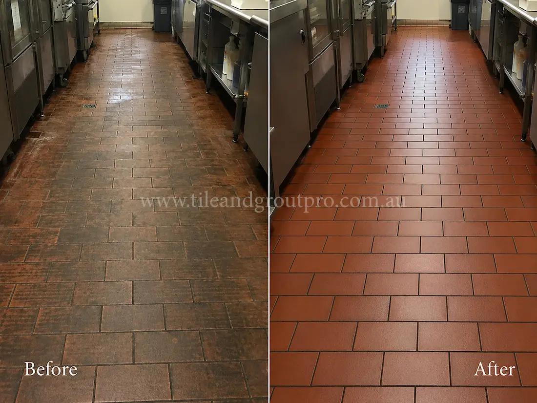 Commercial kitchen floor with quarry tiles affected by heavy grease buildup, dark staining, and deteriorated sealer before professional Sealer Stripping service.