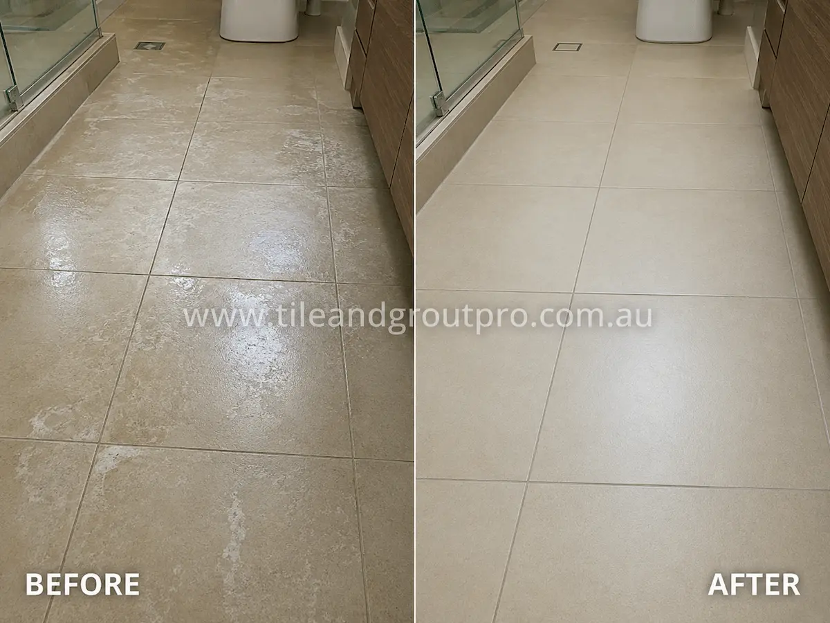 Before and after view of bathroom porcelain floor tiles with cloudy sealer buildup and uneven surface appearance restored through sealer stripping service.