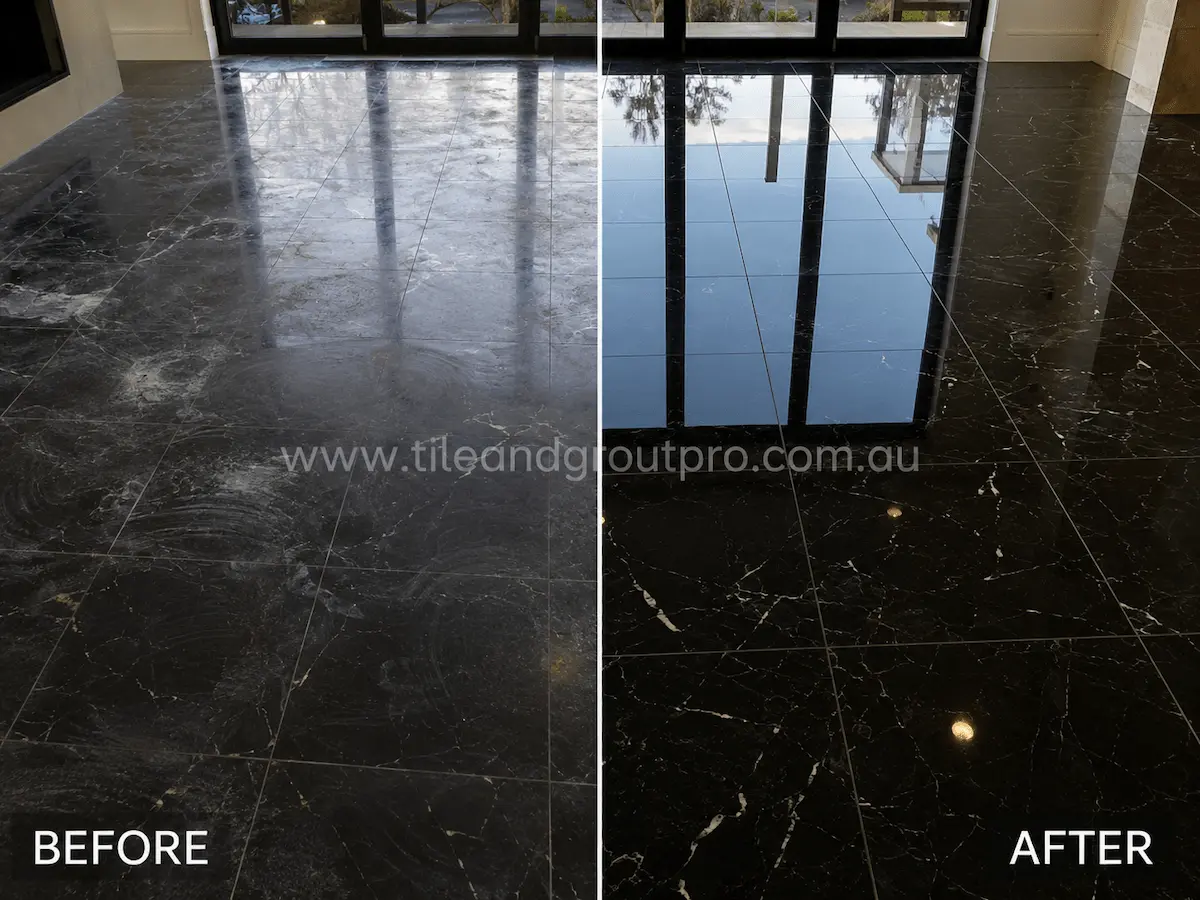 Before and after view of polished black marble living room floor tiles with cloudy sealer buildup and dull patches restored through professional sealer stripping.