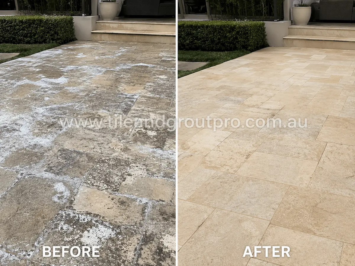Before and after view of outdoor travertine patio tiles with aged sealer buildup, weathered surface, and discoloration restored through sealer stripping and refinishing.