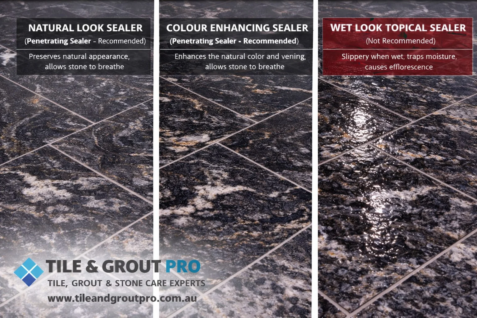 Polished black granite tile sealing options in Hobart