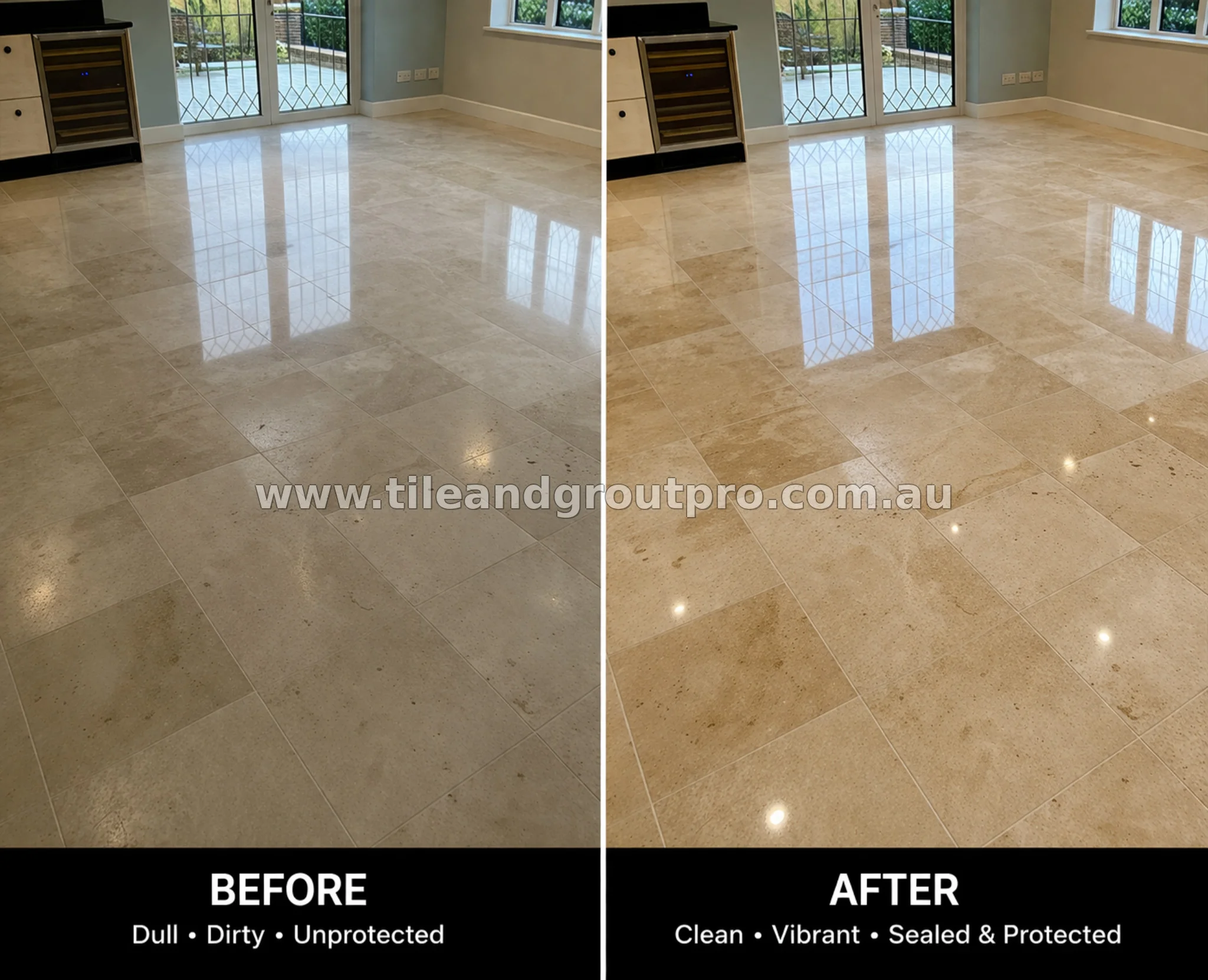 Polished porcelain floor sealing before and after