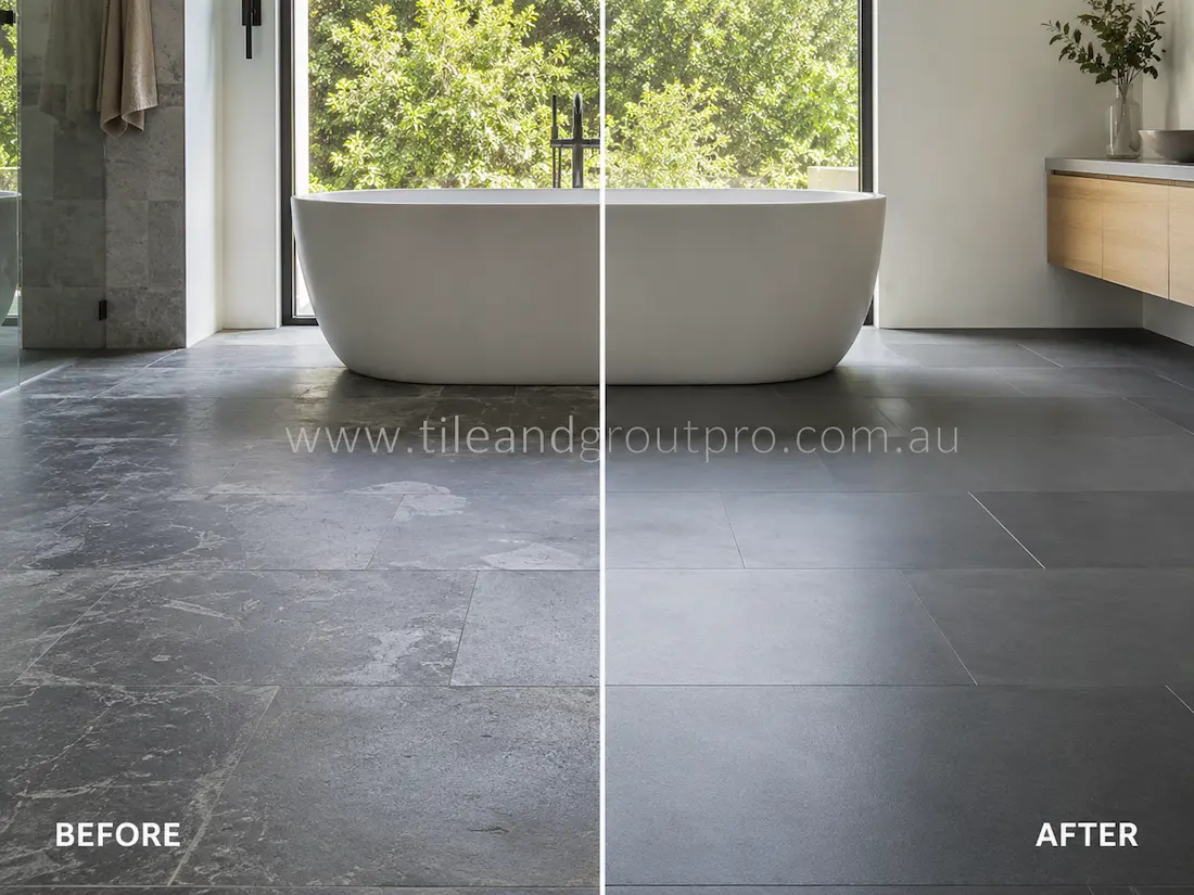 Modern bathroom bluestone floor tiles before grinding, showing dull stone surfaces, water marks, etching, and uneven wear around a freestanding bathtub and vanity area.