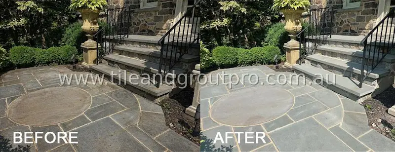 Bluestone entryway restoration before and after deep cleaning and sealing to remove dirt and enhance natural color