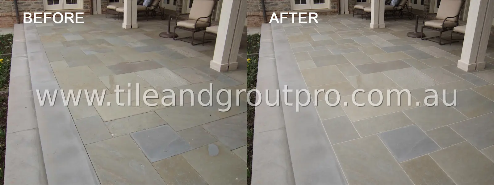 Bluestone covered patio floor before and after regrouting showing grout renewal and enhanced tile finish