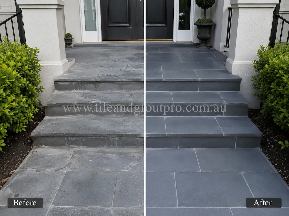 Residential front entry steps and landing with bluestone tiles showing weathering, staining, and a dull appearance before professional bluestone tile resurfacing.
