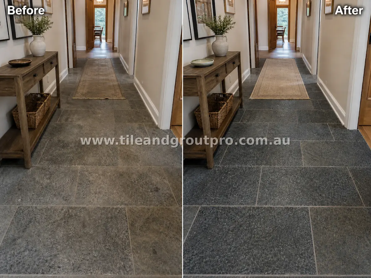 Bluestone natural stone hallway floor tiles with heavy traffic wear, grime buildup, and darkened grout lines before tile and grout cleaning