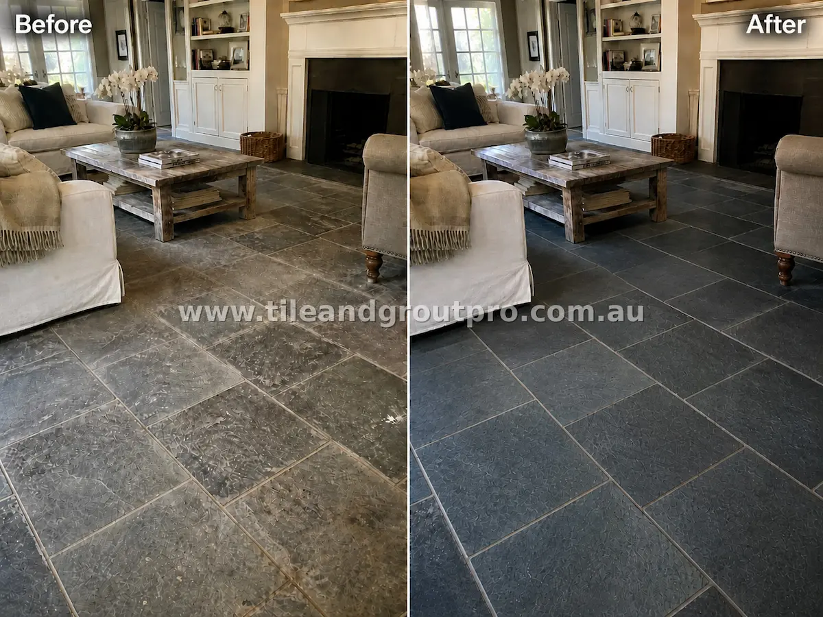 Bluestone natural stone floor tiles in a living room with fireplace showing heavy dirt buildup, dull surface, and stained grout lines before tile and grout cleaning