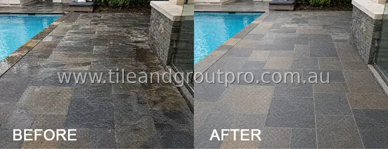 Bluestone poolside restoration before and after removing water stains, dirt, and restoring slip-resistant clean surface