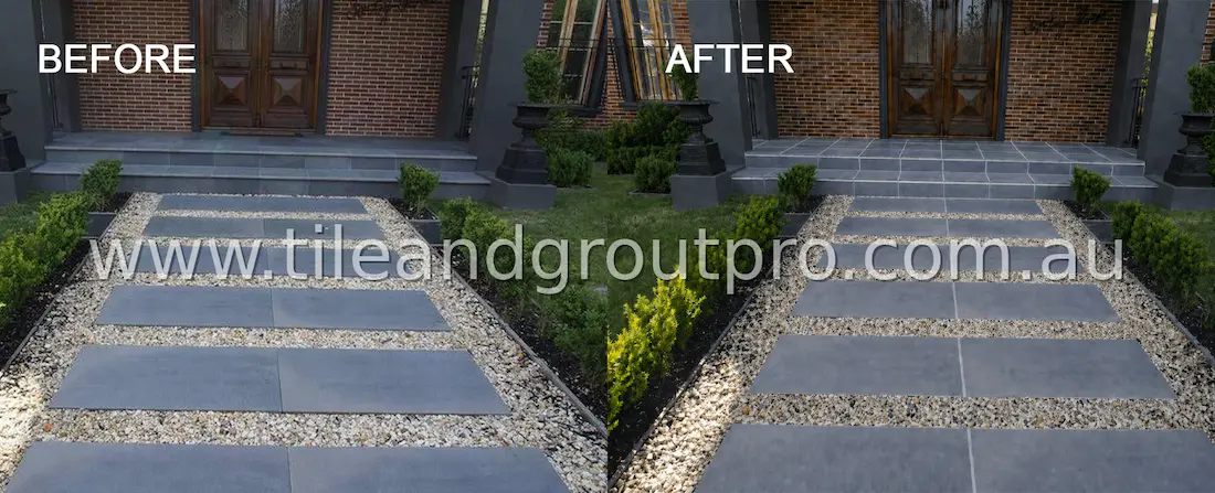 Bluestone front walkway before and after regrouting with refreshed grout joints and improved curb appeal
