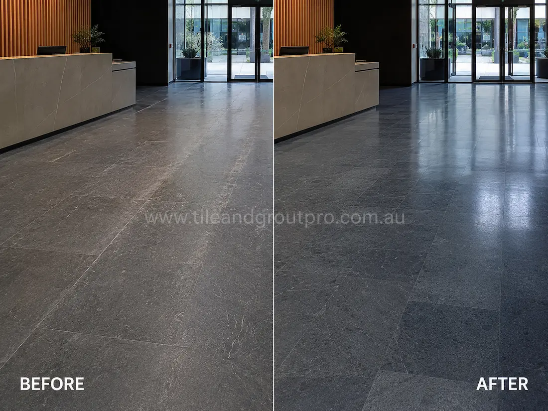 Commercial bluestone lobby floor before grinding, showing dull stone tiles with scuff marks, scratches, and worn finish near a modern reception entrance.
