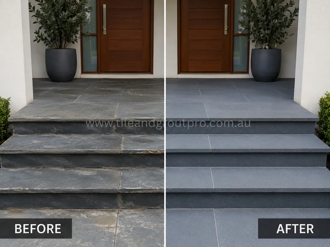 Front entry bluestone steps before grinding, showing weathered stone surfaces with stains, fading, and uneven finish leading to a modern timber front door.