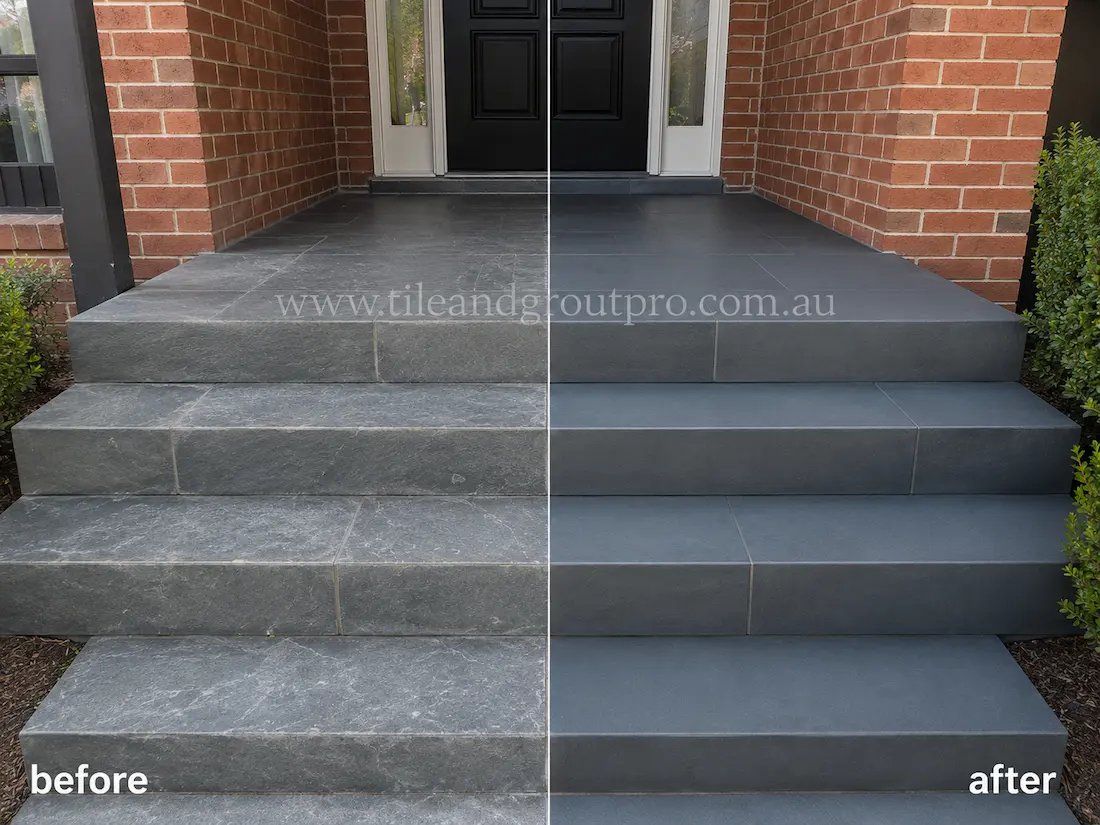 Residential front porch with dark bluestone steps before and after scratch removal, showing worn scratched stone surfaces restored to a clean uniform appearance around the entry doorway.