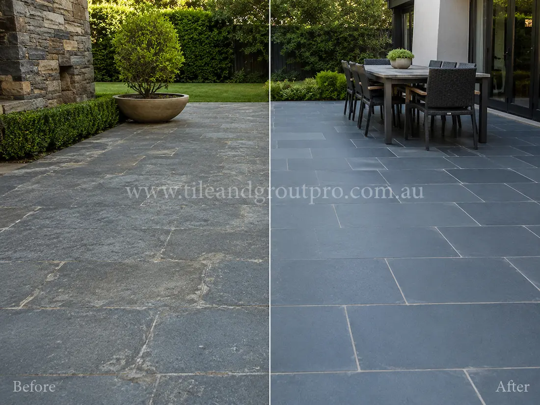 Residential outdoor entertaining area with bluestone pavers showing faded color, weathering, and surface wear before professional bluestone tile resurfacing and restoration.