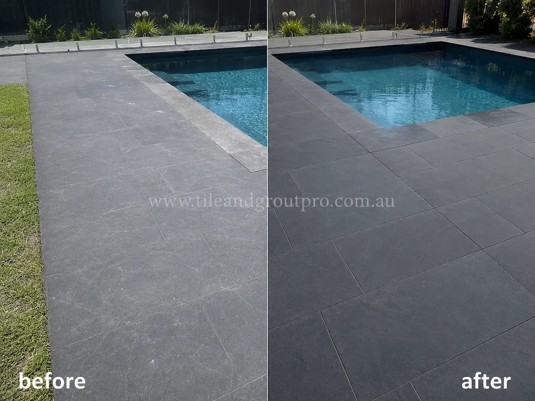 Poolside area with dark bluestone pavers before and after scratch removal, showing faded scratched paving restored to a smooth consistent finish around the swimming pool.
