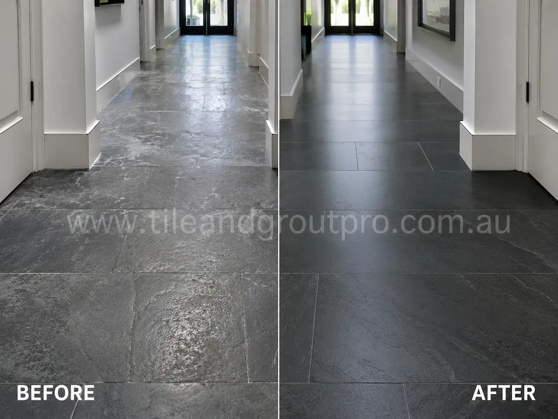 Residential bluestone hallway floor before grinding, displaying worn dark stone tiles with etching, dull patches, and visible traffic marks in a modern interior corridor.