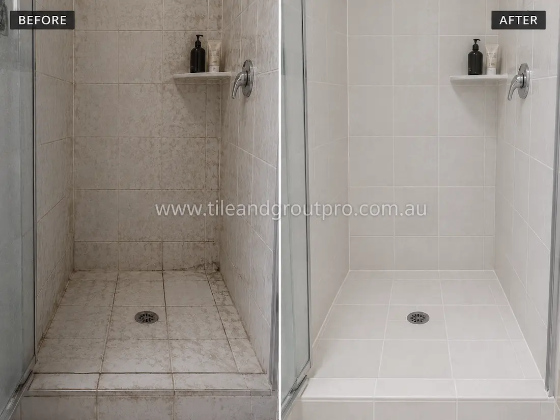 Before tile renewal, a ceramic-tiled shower enclosure had stained grout lines, soap residue, and dirt accumulation on the floor and lower wall sections, giving the shower a worn and discoloured appearance.