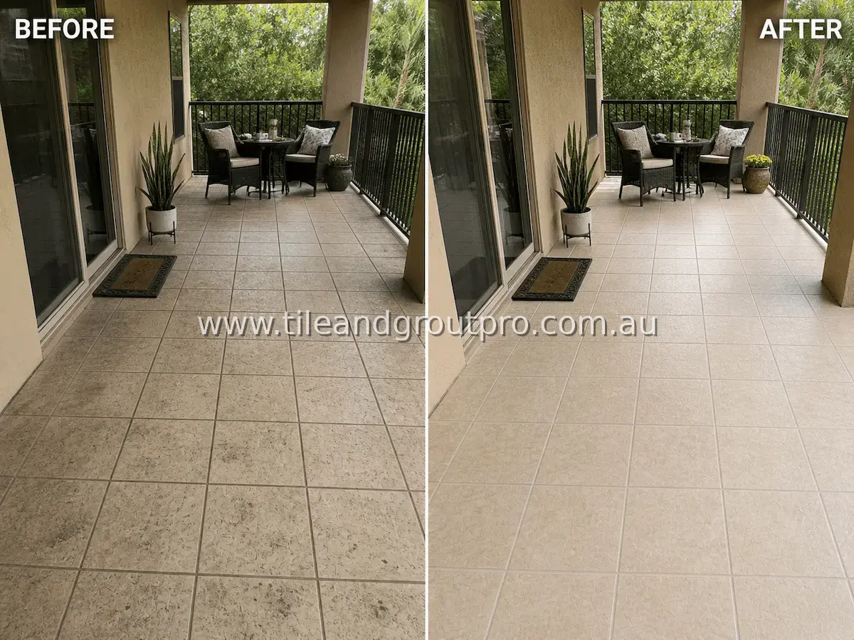Ceramic tile covered balcony patio floor with outdoor dirt, stains, and dark grout lines caused by weather exposure before tile and grout cleaning service