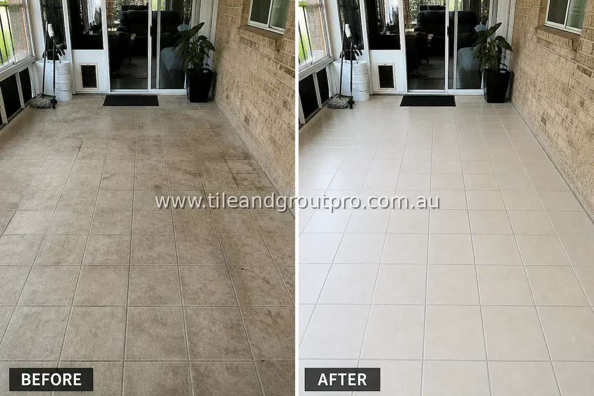 Ceramic tile enclosed sunroom patio floor with tracked-in dirt, stains, and discolored grout lines before professional tile and grout cleaning