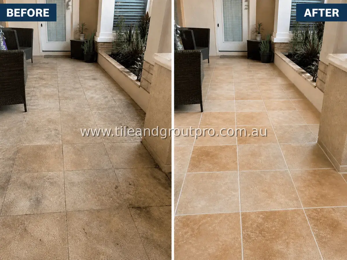 Ceramic tile front porch entry patio floor with heavy grime, soil buildup, and stained grout from outdoor traffic before tile and grout cleaning