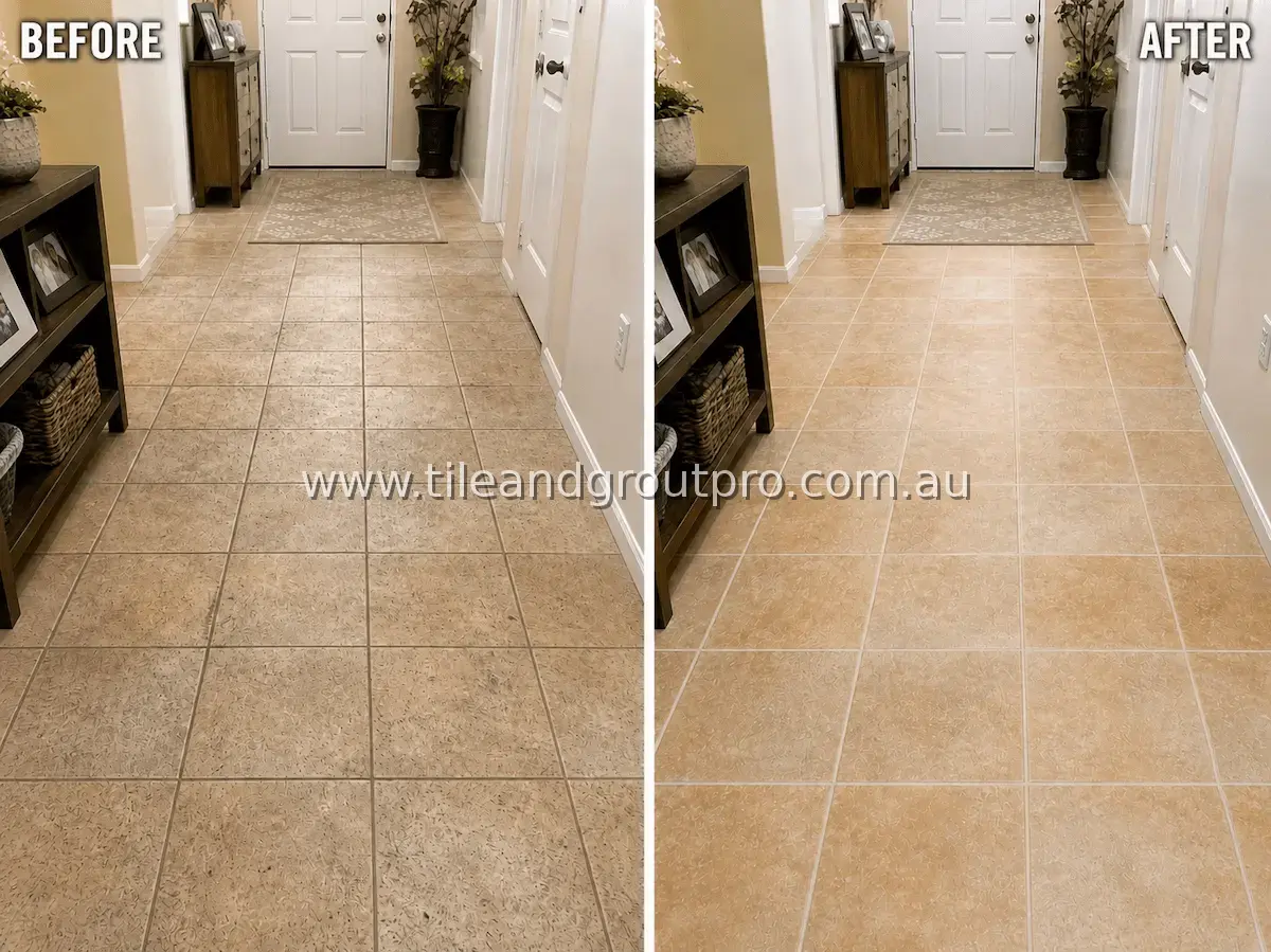 Ceramic tile hallway entryway floor with embedded soil, worn appearance, and heavily discolored grout lines before professional tile and grout cleaning