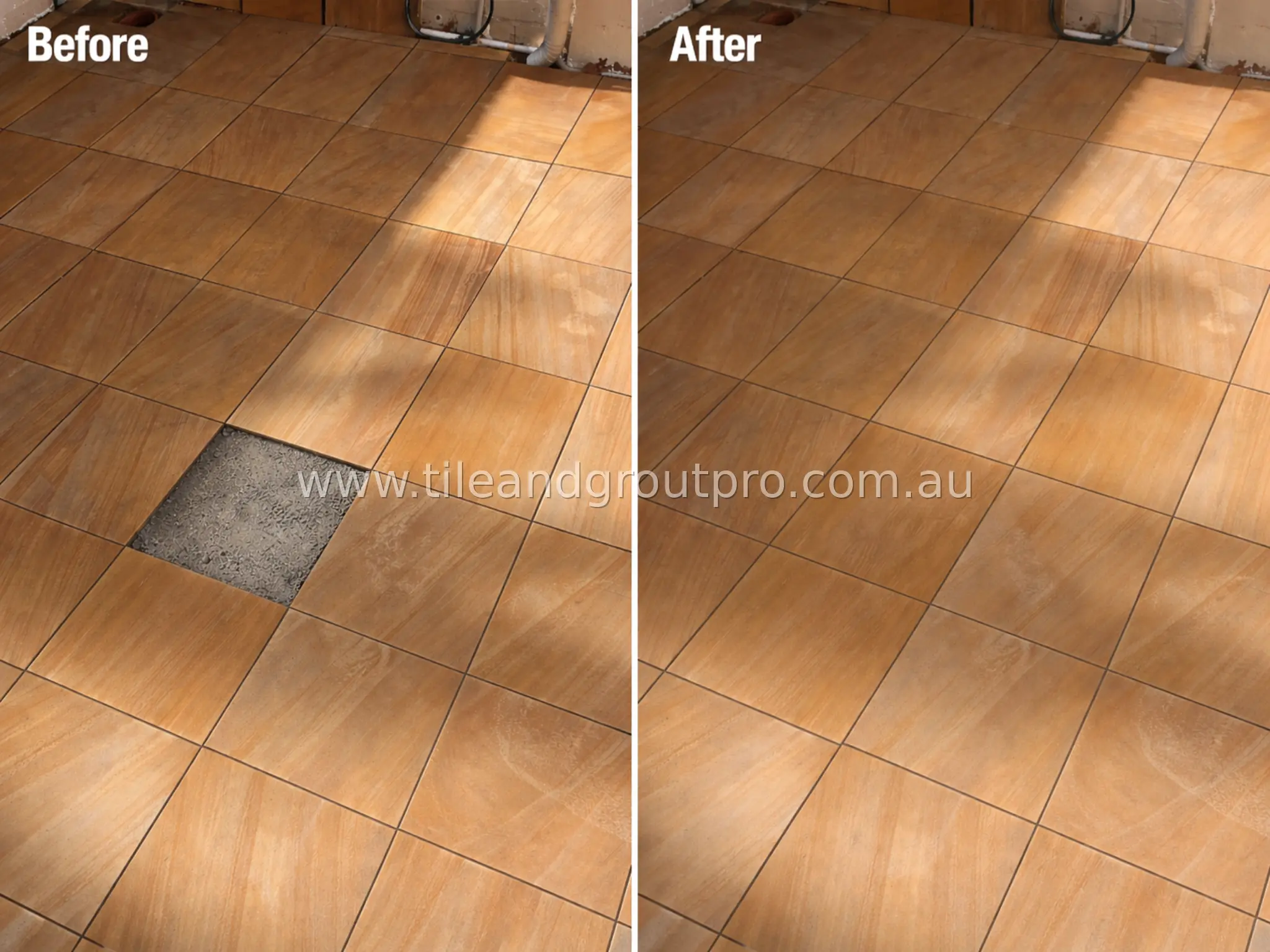 Floor tiles before and after repair showing a missing tile area restored to a seamless finish