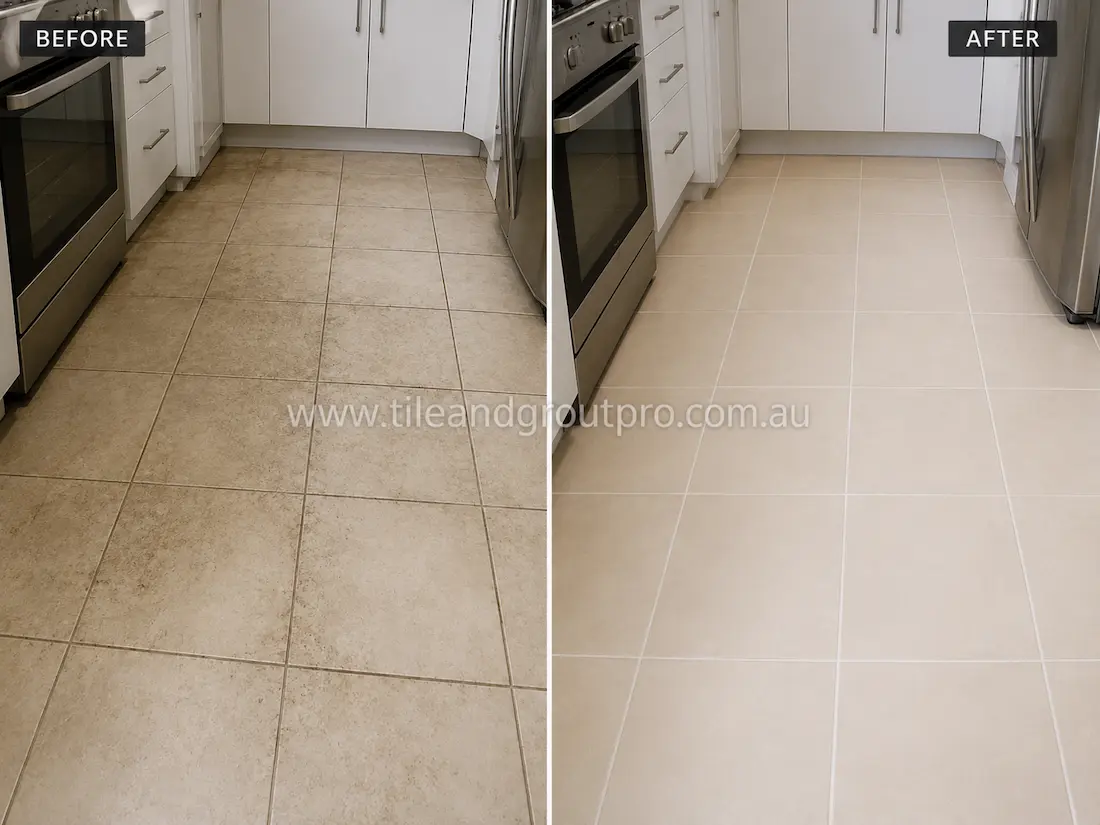 Before tile renewal, a residential kitchen floor with beige ceramic tiles showed embedded dirt, discoloured grout lines, and surface dullness from everyday foot traffic between appliances and cabinetry.