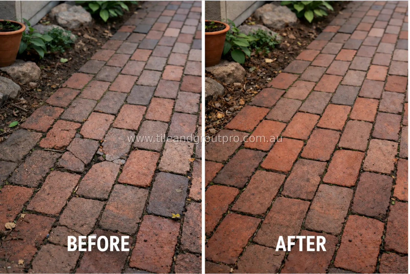 Outdoor brick driveway before and after repair showing smooth and restored paving