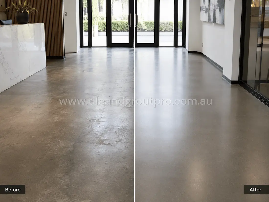Before and after tile resurfacing of a commercial lobby concrete floor, showing a worn and dull concrete surface transformed into a smooth modern grey finish in a professional reception area.
