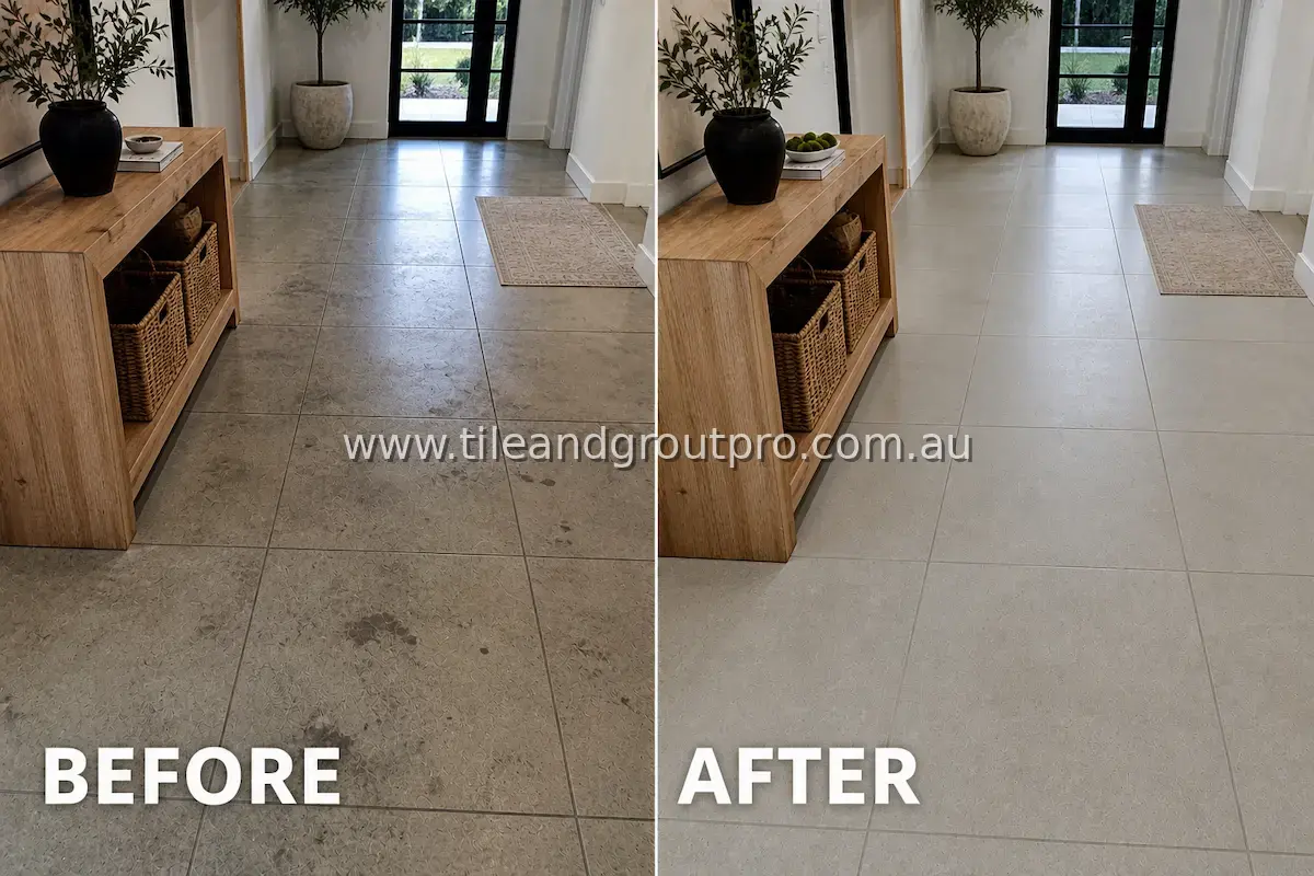 Concrete-look porcelain tile floor in a home entryway with visible dirt buildup, footprints, and dull surface before professional tile and grout cleaning