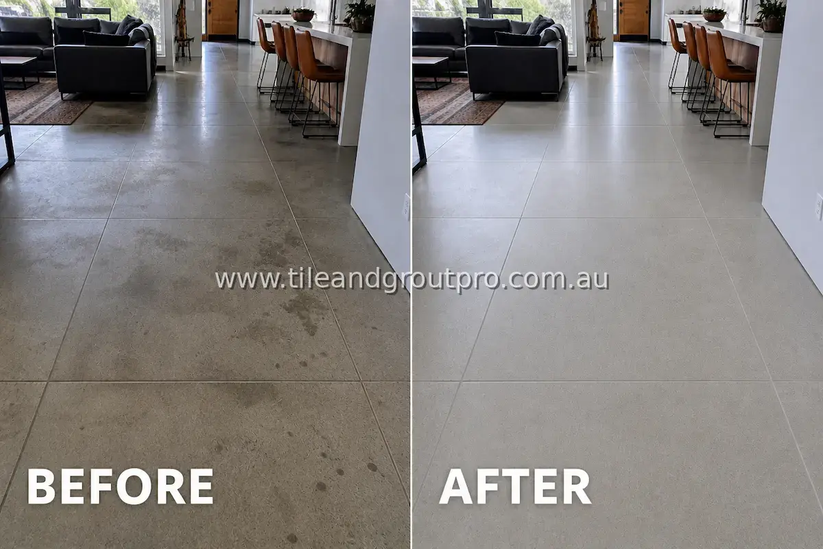 Concrete-look porcelain tile floor in an open-plan living room and kitchen with visible foot traffic stains, discoloration, and dull finish before cleaning
