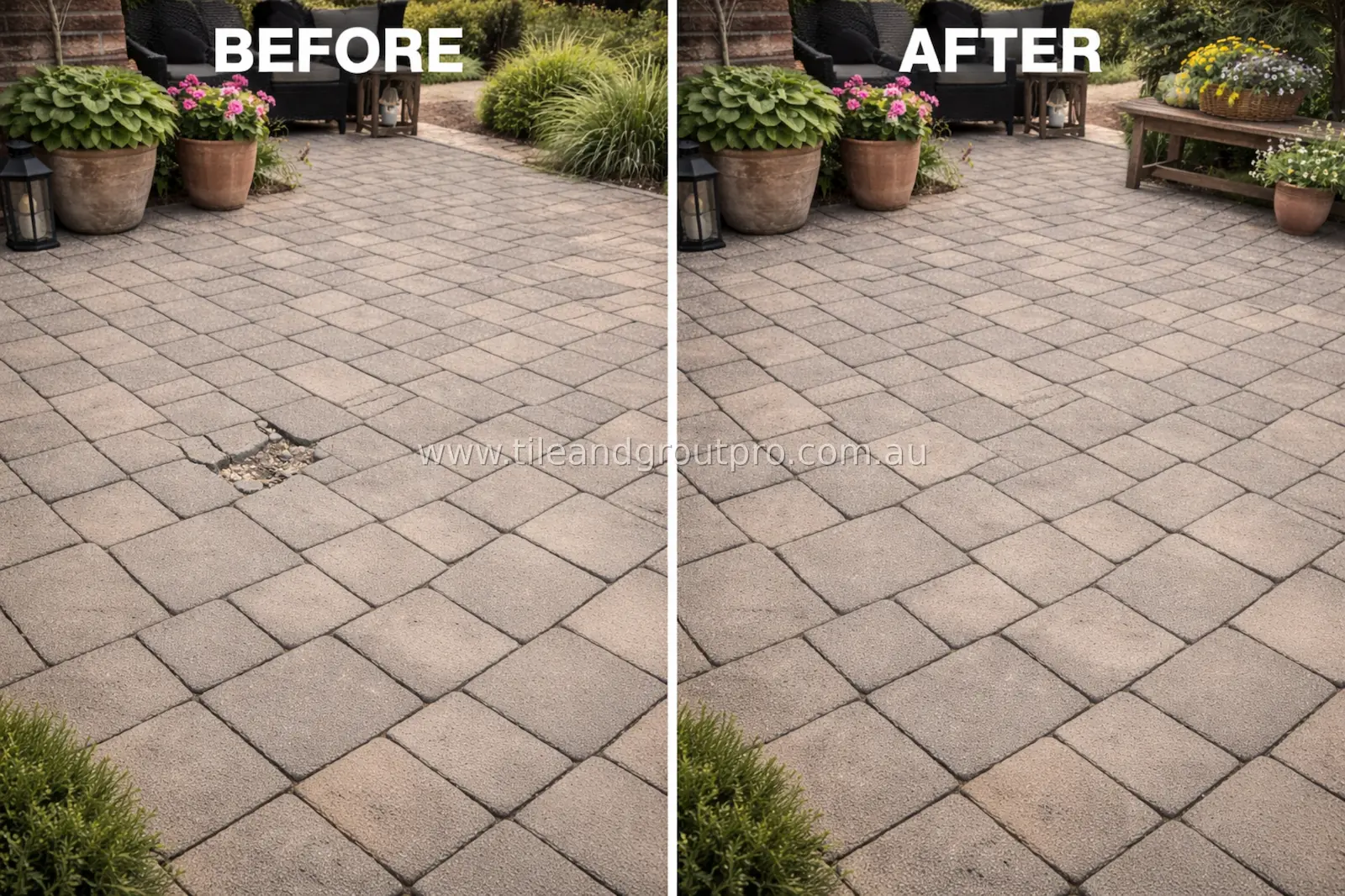 Concrete paver patio before and after repair showing smooth and even surface