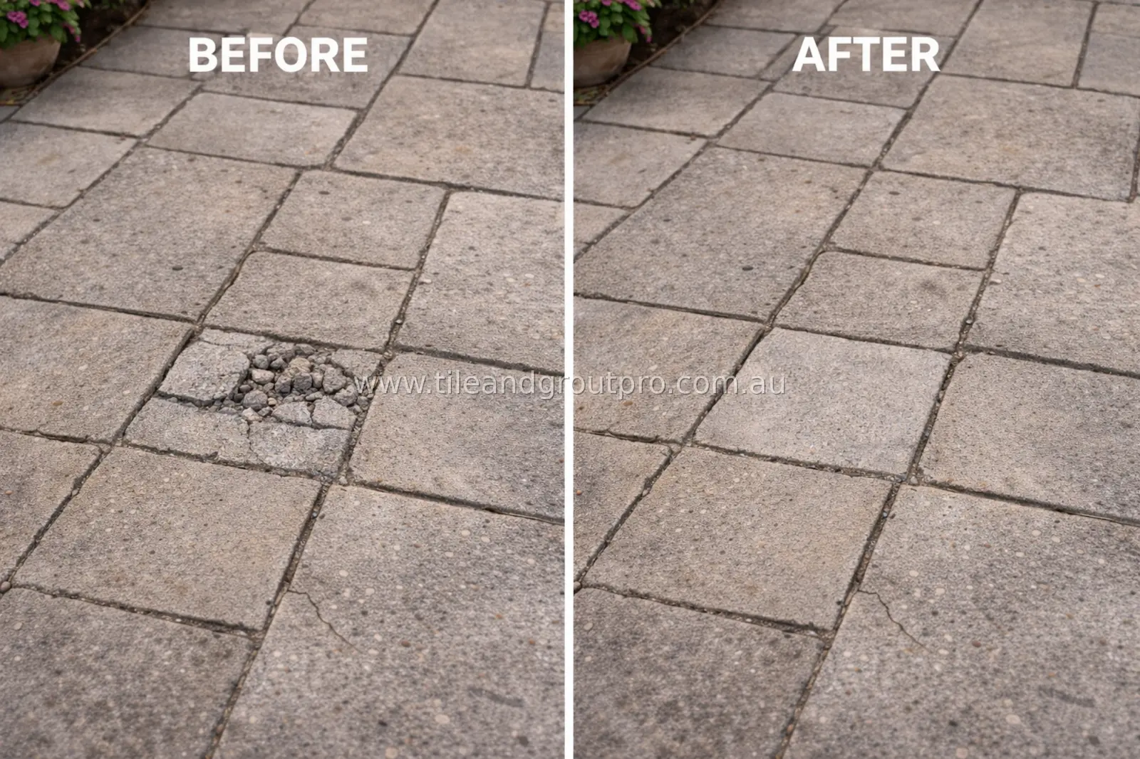 Damaged concrete paver before and after repair showing restored surface