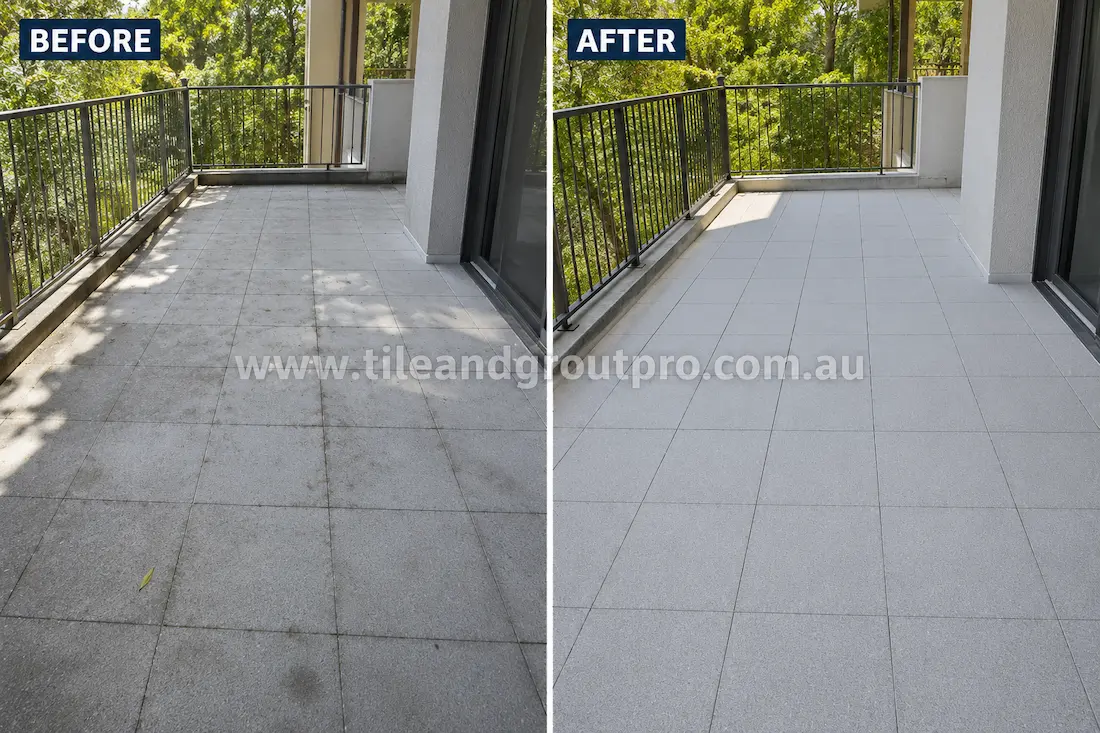 Light grey concrete pavers on a residential balcony terrace with metal railings, showing weather staining, dirt buildup, and surface discoloration before Tile Renewal.